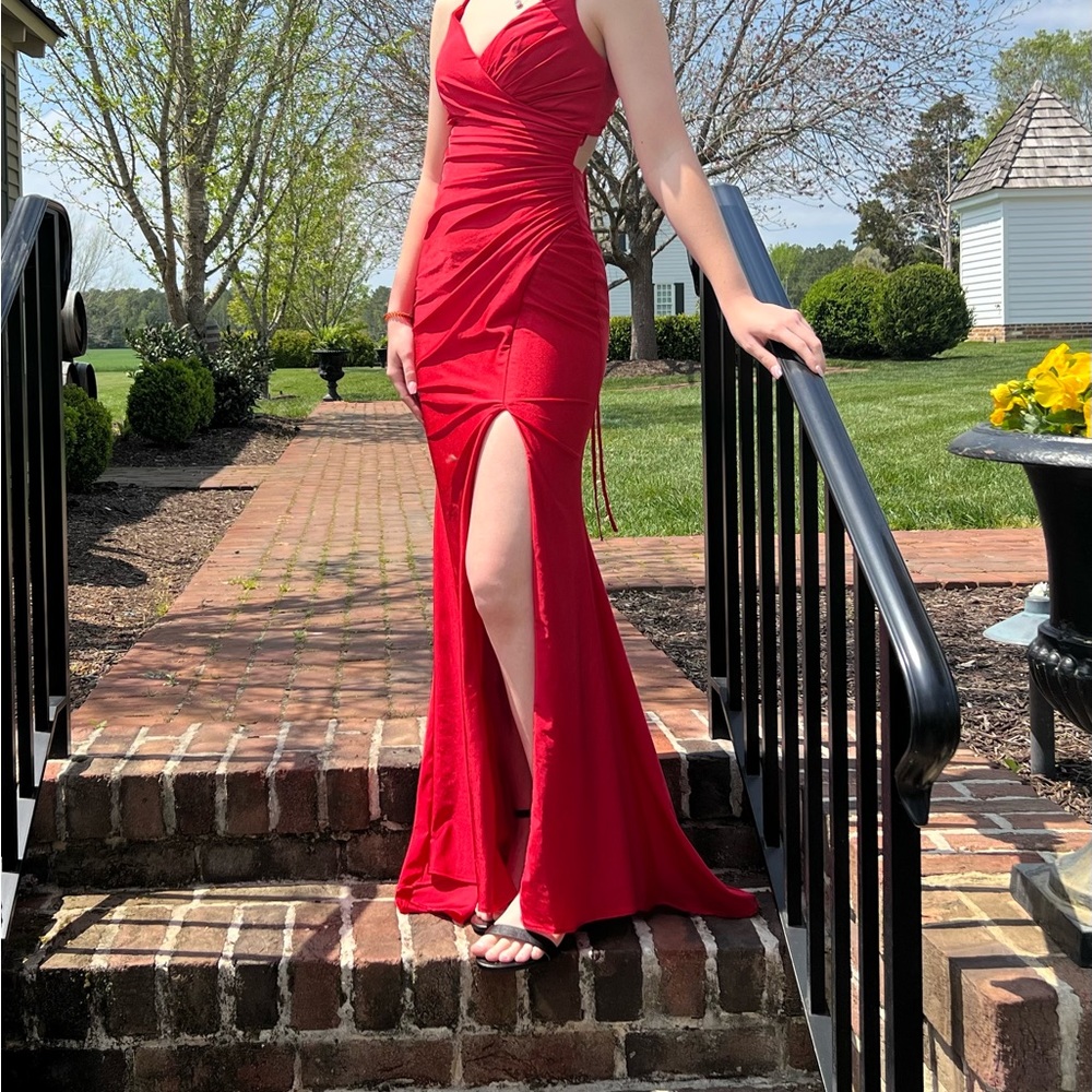 Dave and Johnny Red Open Back Prom Dress